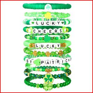 Stretch Bead Bracelet Set, Shamrock Charm Jewelry, Stackable Elastic Fit
